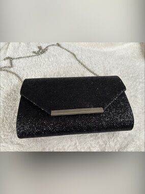 Black Glitter Envelope Clutch with Silver Chain